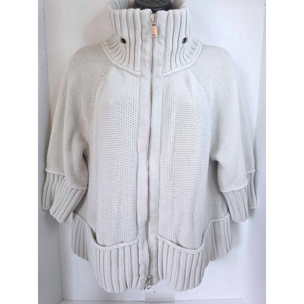 Eddie Bauer Dove Gray Cotton Chunky Knit Full Zip Cardigan Sweater XL 3/4 Sleeve